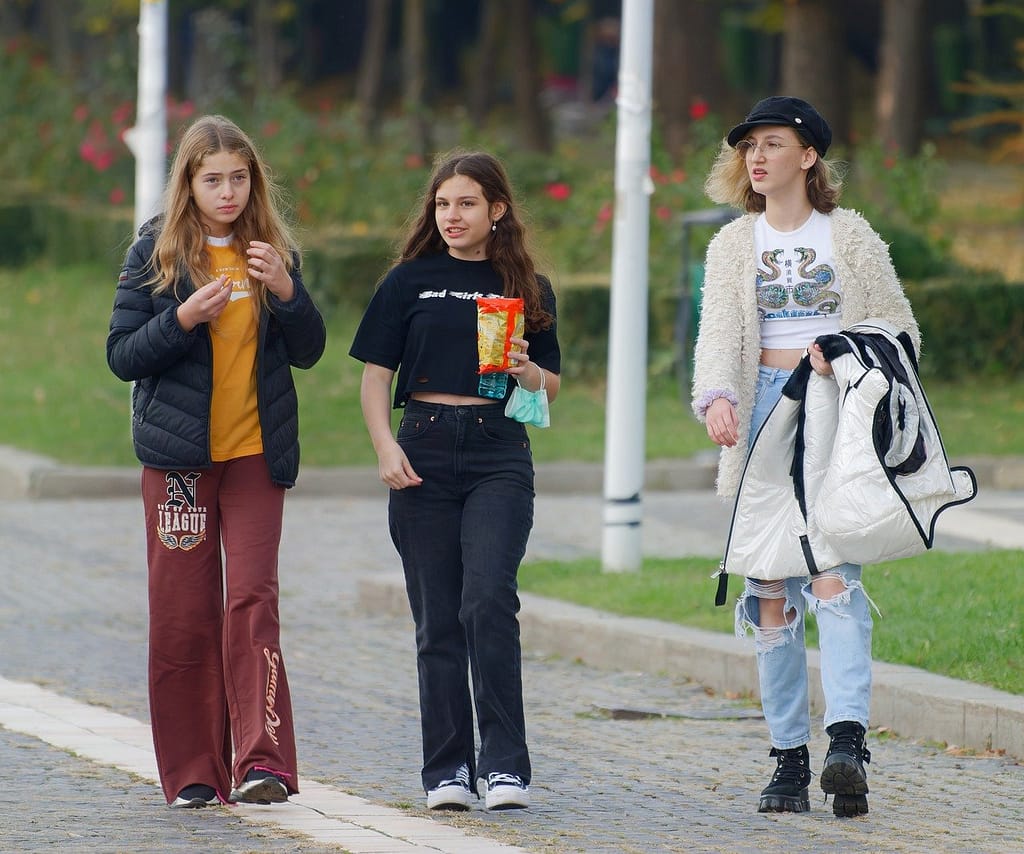 girls, walking, park